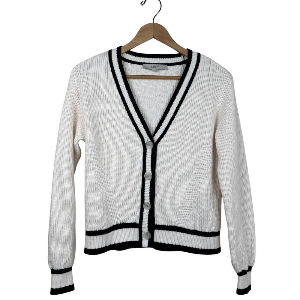 LOFT 100% Cotton Cardigan Varsity Sweater White Navy Trim V Neck Preppy Size S